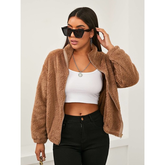 BohoGypsyDreamer.com Jackets & Blazers - stand collar faux fur Zip Up Teddy Jacket teddy coat fall winter tan camel brown